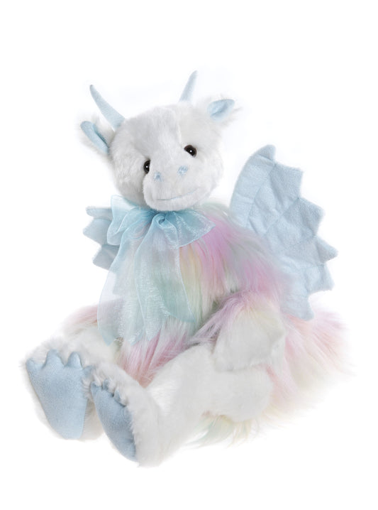2023 Charlie Bear dragon Kenna white and rainbow fur blue horns wings ears